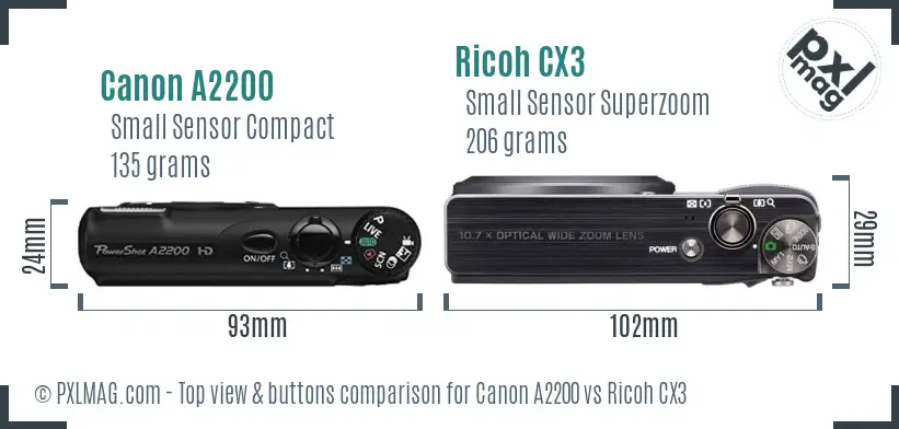 Canon A2200 vs Ricoh CX3 top view buttons comparison Canon A2200 vs Ricoh CX3 top view buttons comparison
