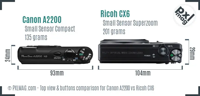 Canon A2200 vs Ricoh CX6 top view buttons comparison
