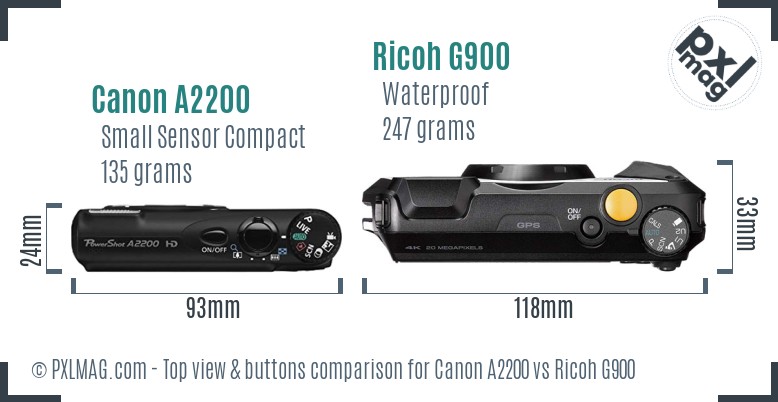 Canon A2200 vs Ricoh G900 top view buttons comparison