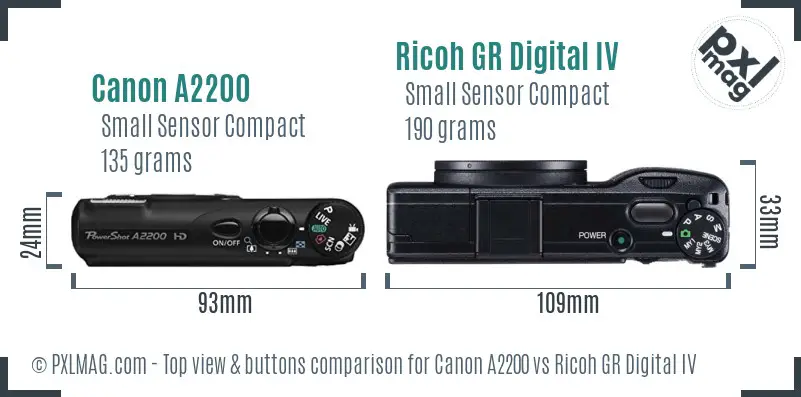Canon A2200 vs Ricoh GR Digital IV top view buttons comparison
