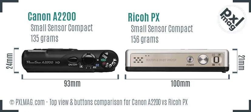 Canon A2200 vs Ricoh PX top view buttons comparison Canon A2200 vs Ricoh PX top view buttons comparison