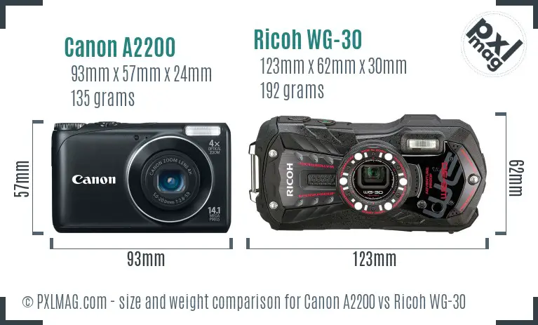Canon A2200 vs Ricoh WG-30 size comparison
