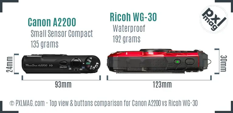 Canon A2200 vs Ricoh WG-30 top view buttons comparison