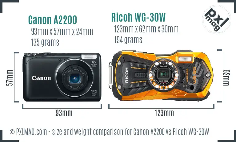 Canon A2200 vs Ricoh WG-30W size comparison