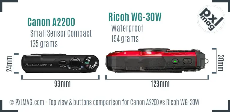 Canon A2200 vs Ricoh WG-30W top view buttons comparison