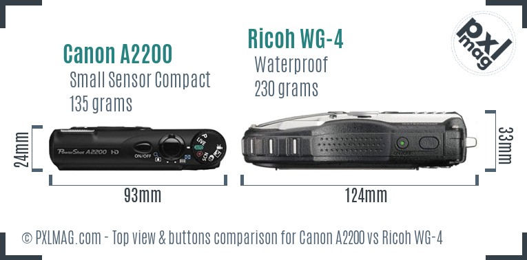 Canon A2200 vs Ricoh WG-4 top view buttons comparison