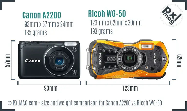 Canon A2200 vs Ricoh WG-50 size comparison
