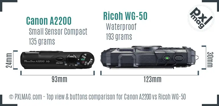 Canon A2200 vs Ricoh WG-50 top view buttons comparison