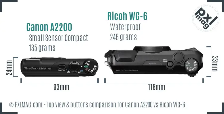Canon A2200 vs Ricoh WG-6 top view buttons comparison Canon A2200 vs Ricoh WG-6 top view buttons comparison