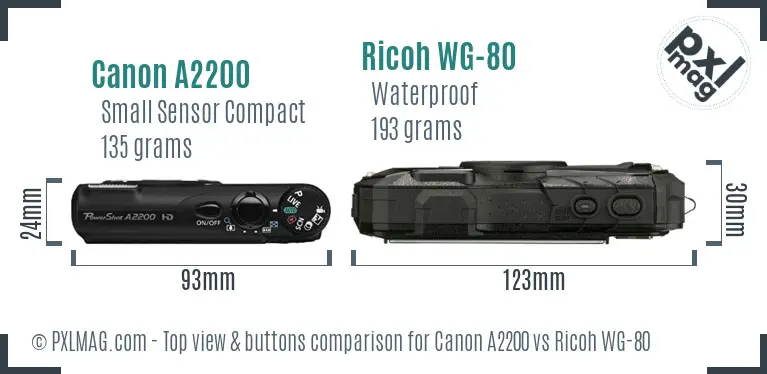 Canon A2200 vs Ricoh WG-80 top view buttons comparison Canon A2200 vs Ricoh WG-80 top view buttons comparison