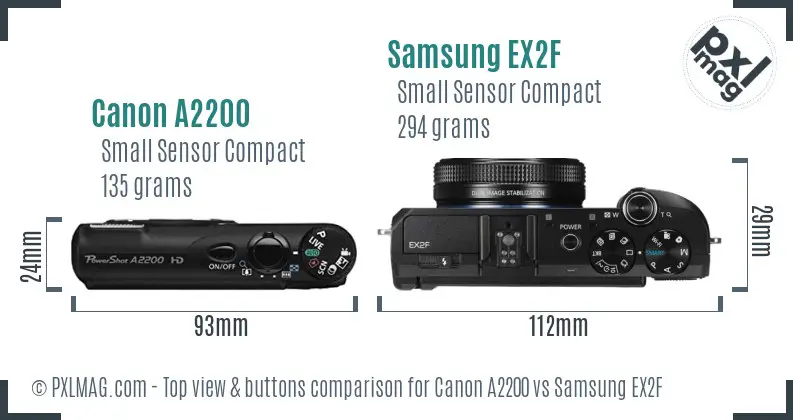 Canon A2200 vs Samsung EX2F top view buttons comparison