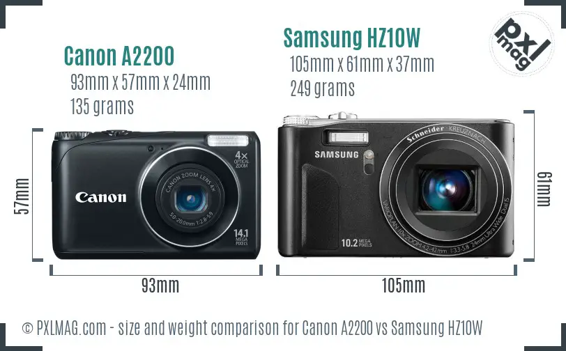 Canon A2200 vs Samsung HZ10W size comparison