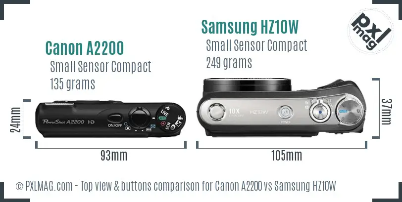 Canon A2200 vs Samsung HZ10W top view buttons comparison