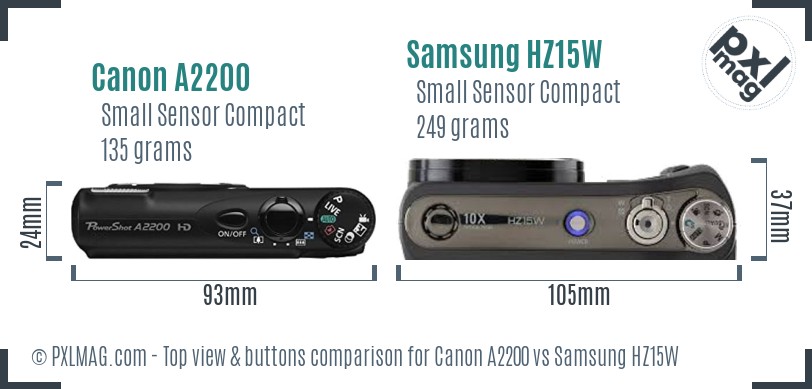 Canon A2200 vs Samsung HZ15W top view buttons comparison
