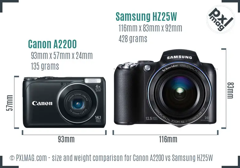 Canon A2200 vs Samsung HZ25W size comparison Canon A2200 vs Samsung HZ25W size comparison
