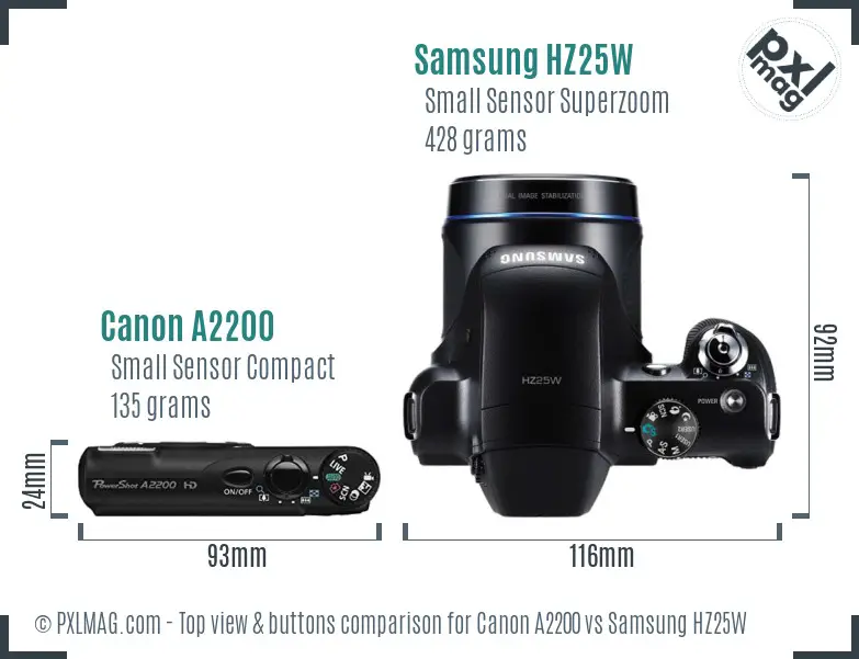 Canon A2200 vs Samsung HZ25W top view buttons comparison