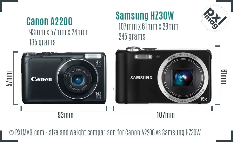 Canon A2200 vs Samsung HZ30W size comparison