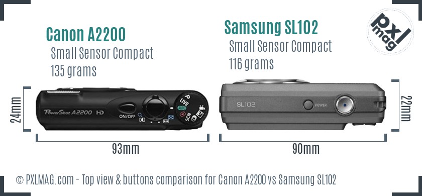 Canon A2200 vs Samsung SL102 top view buttons comparison