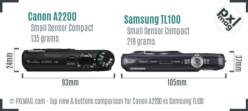 Canon A2200 vs Samsung TL100 top view buttons comparison