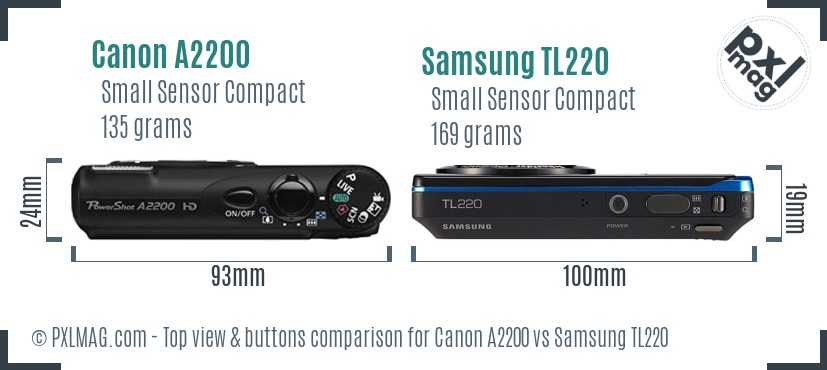 Canon A2200 vs Samsung TL220 top view buttons comparison