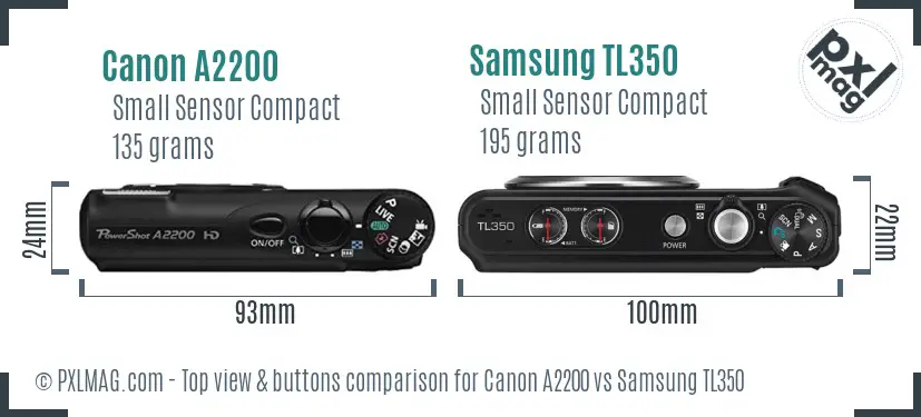 Canon A2200 vs Samsung TL350 top view buttons comparison