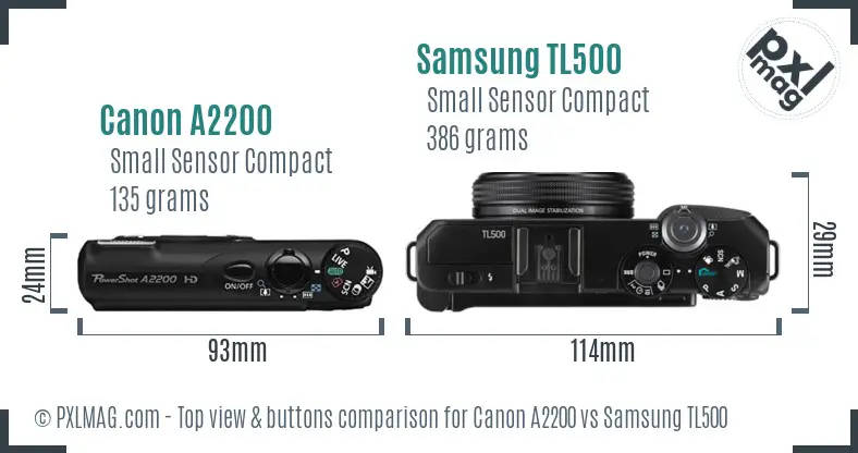 Canon A2200 vs Samsung TL500 top view buttons comparison Canon A2200 vs Samsung TL500 top view buttons comparison