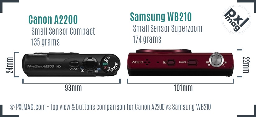 Canon A2200 vs Samsung WB210 top view buttons comparison