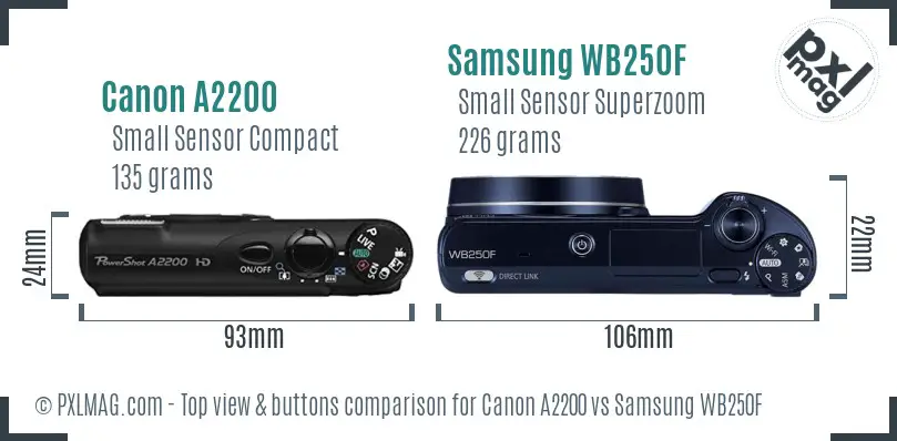 Canon A2200 vs Samsung WB250F top view buttons comparison