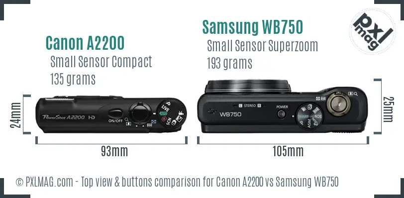 Canon A2200 vs Samsung WB750 top view buttons comparison