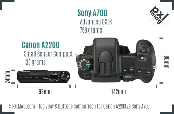 Canon A2200 vs Sony A700 top view buttons comparison