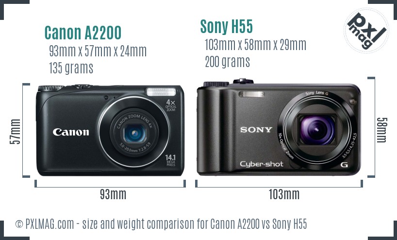 Canon A2200 vs Sony H55 size comparison