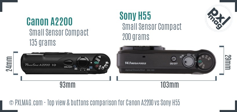 Canon A2200 vs Sony H55 top view buttons comparison