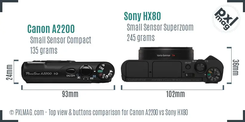 Canon A2200 vs Sony HX80 top view buttons comparison