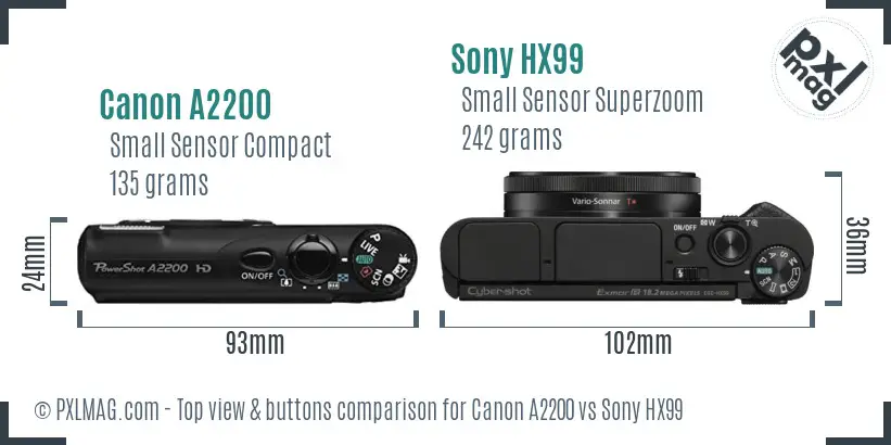 Canon A2200 vs Sony HX99 top view buttons comparison Canon A2200 vs Sony HX99 top view buttons comparison