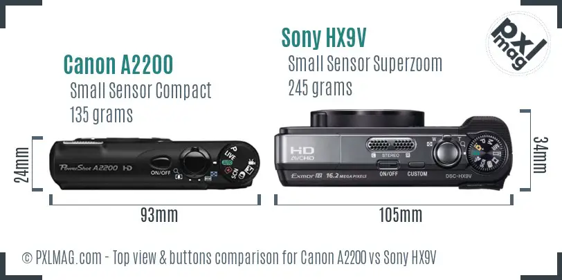 Canon A2200 vs Sony HX9V top view buttons comparison Canon A2200 vs Sony HX9V top view buttons comparison