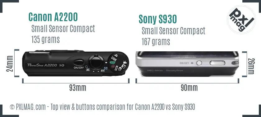 Canon A2200 vs Sony S930 top view buttons comparison