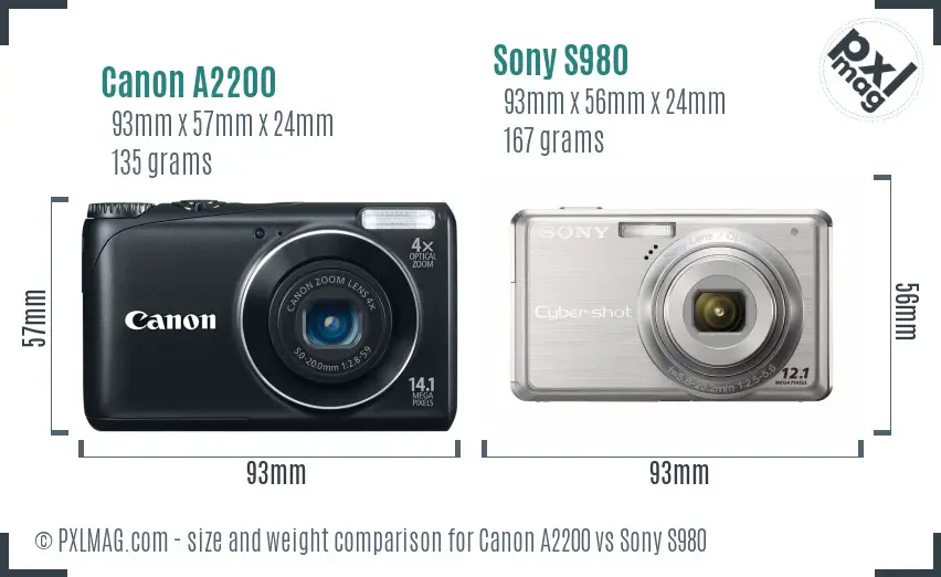 Canon A2200 vs Sony S980 size comparison