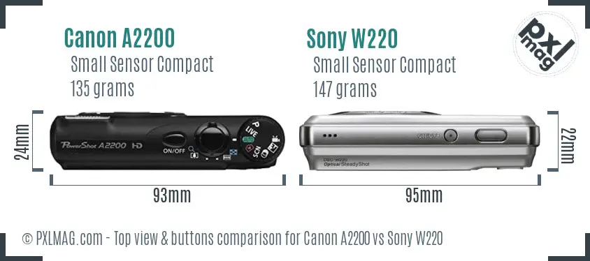 Canon A2200 vs Sony W220 top view buttons comparison