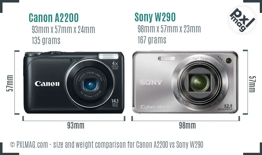 Canon A2200 vs Sony W290 size comparison