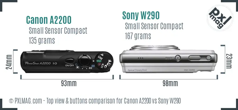 Canon A2200 vs Sony W290 top view buttons comparison