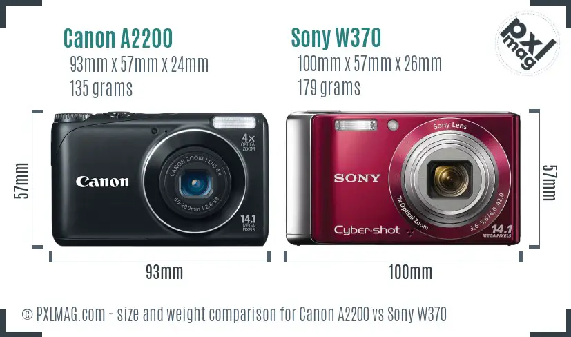 Canon A2200 vs Sony W370 size comparison