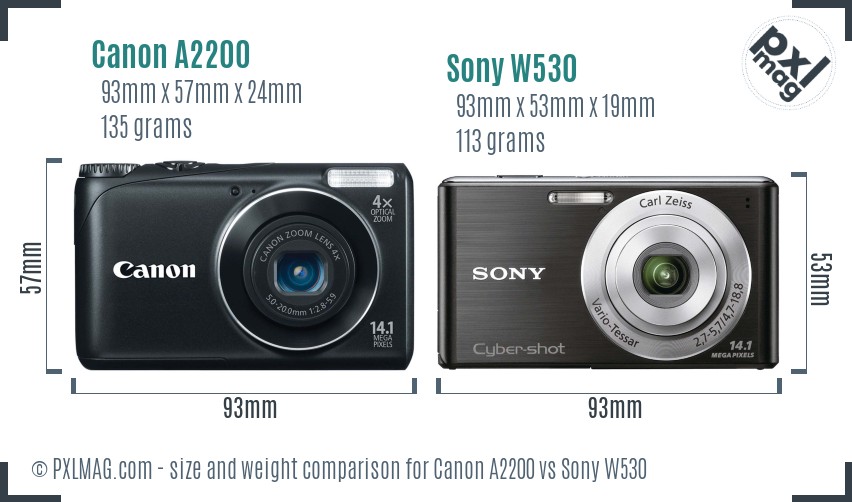 Canon A2200 vs Sony W530 size comparison
