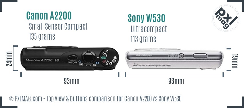 Canon A2200 vs Sony W530 top view buttons comparison
