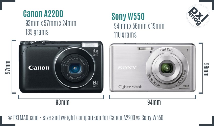 Canon A2200 vs Sony W550 size comparison