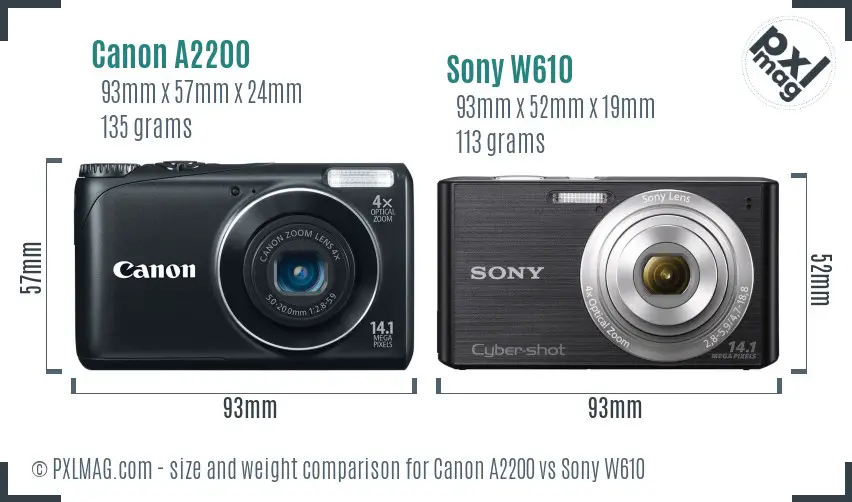 Canon A2200 vs Sony W610 size comparison