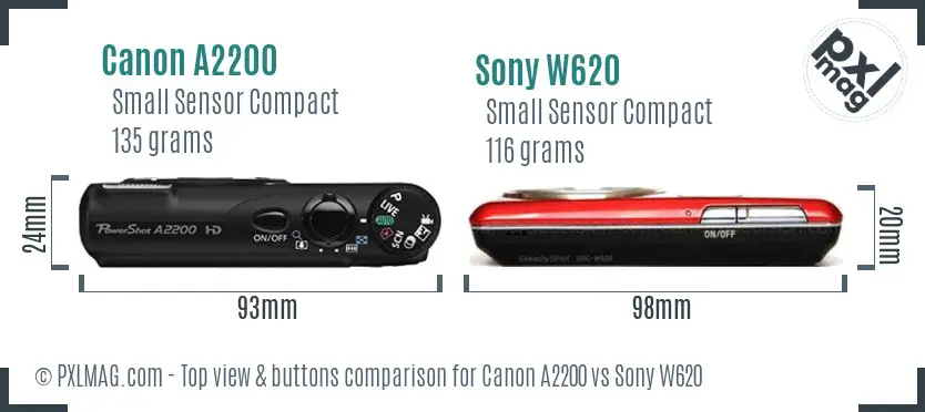 Canon A2200 vs Sony W620 top view buttons comparison Canon A2200 vs Sony W620 top view buttons comparison