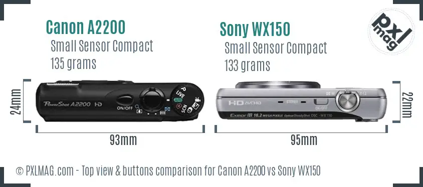 Canon A2200 vs Sony WX150 top view buttons comparison