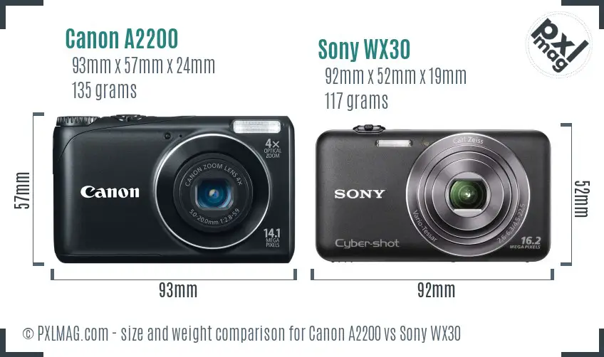 Canon A2200 vs Sony WX30 size comparison