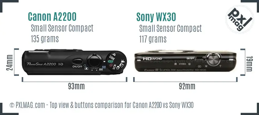 Canon A2200 vs Sony WX30 top view buttons comparison