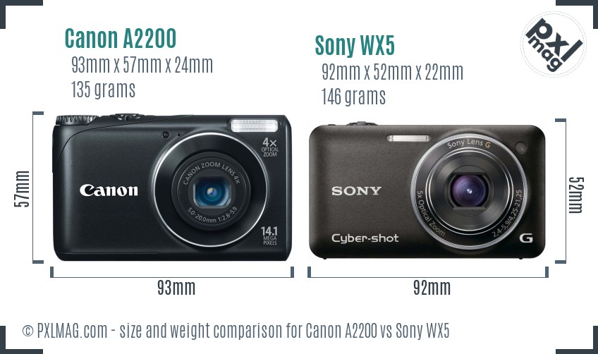 Canon A2200 vs Sony WX5 size comparison